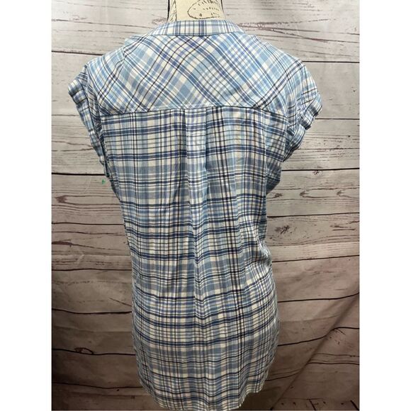 GAP Womens Blue Plaid Short Sleeve Button Up Top Tunic Shirt - Picture 2 of 4